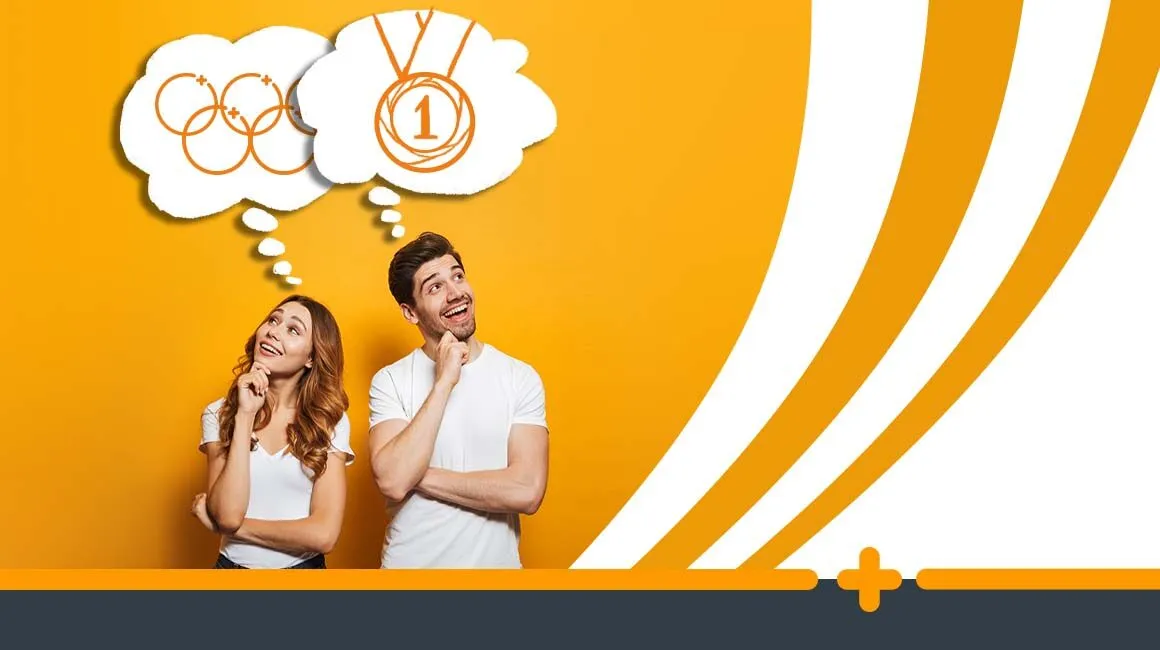 Uśmiechnięta para marząca o sukcesie – kobieta o igrzyskach, mężczyzna o złotym medalu