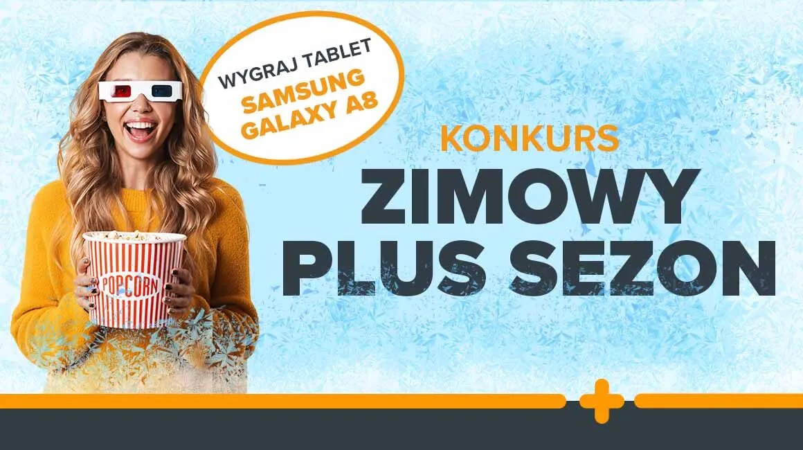 Uśmiechnięta kobieta z popcornem i okularami 3D na tle grafiki konkursu „Zimowy Plus Sezon”. Wygraj tablet Samsung Galaxy A8.